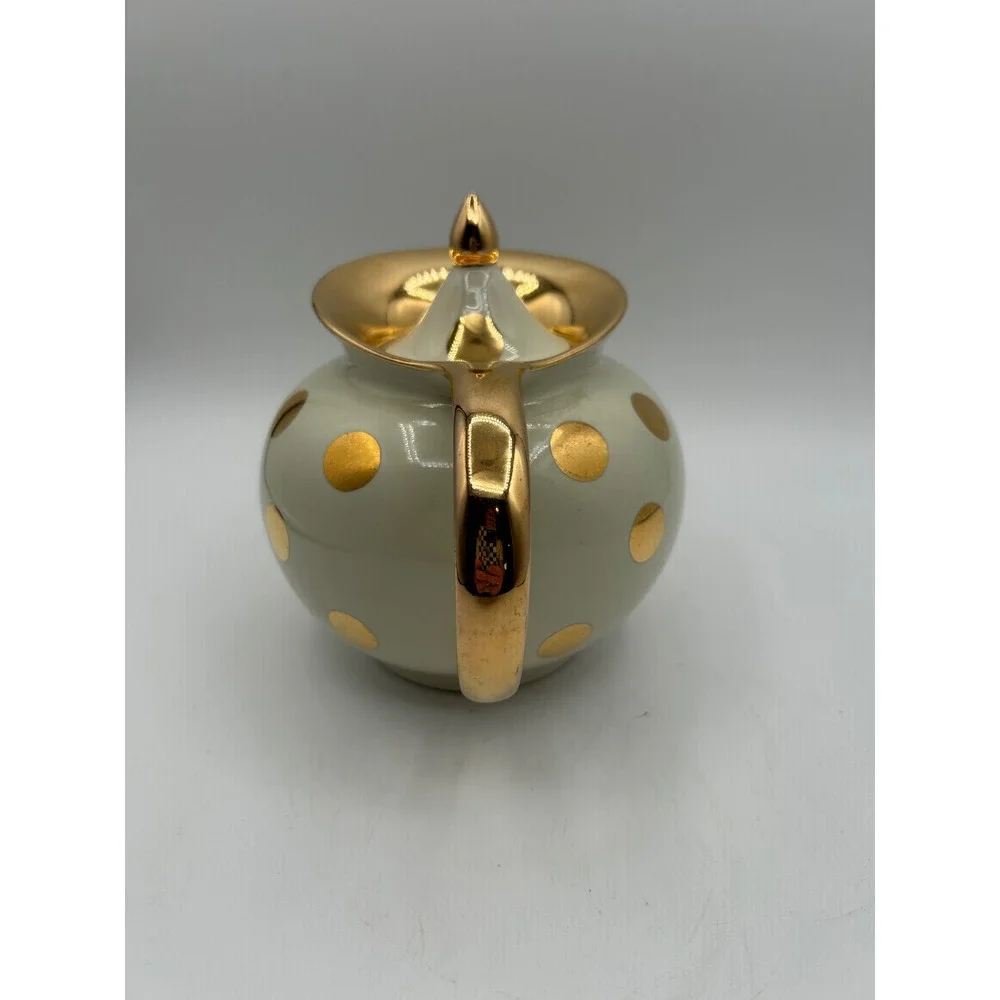 Hall Teapot 6 Cup Cream Ivory Gold Dot Vintage Mid Century Modern Ceramic